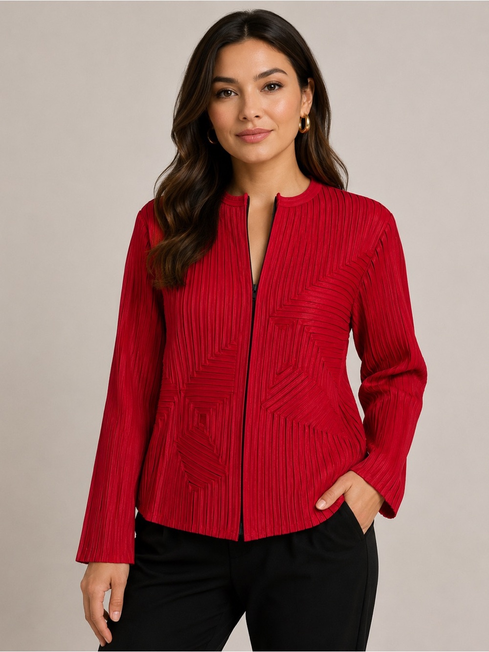 Vintage Andrea Rosati vibrant red stretchy semi sheer striped full zip jacket 12
